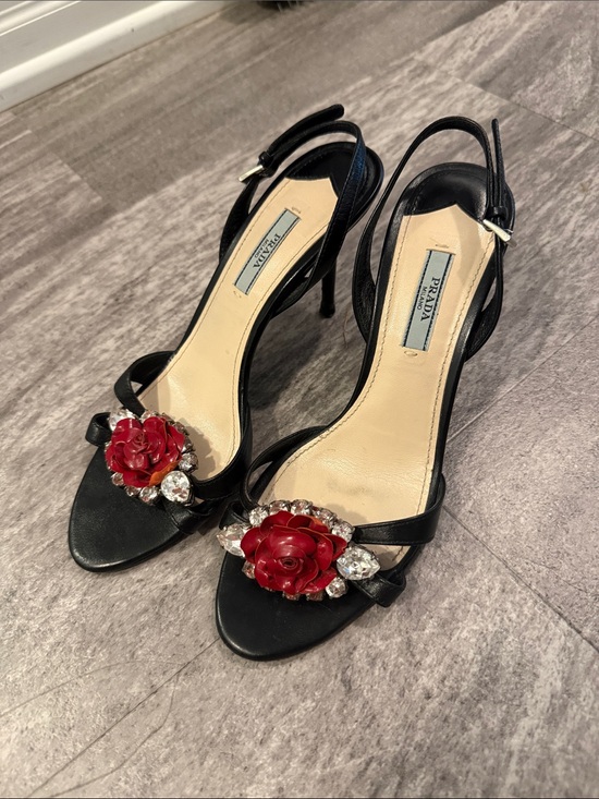 Prada Shoes - Prada Black Leather Slingback Sandals with Red Flower Embellishment